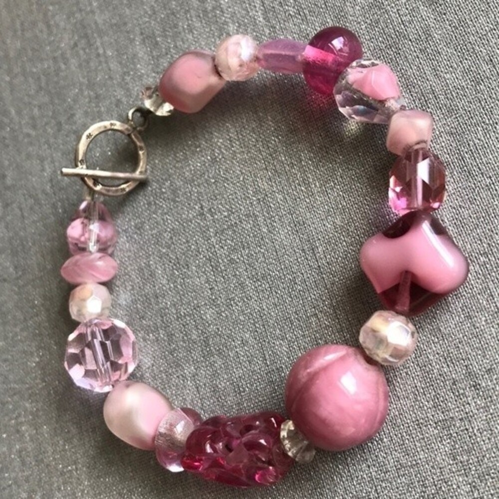 Vintage Handmade Pink Beaded Bracelet Sterling Silver Clasp 7.5 Inch